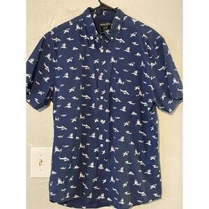ALPHA BETA Great White Hammerhead Sharks size Large/ Cotton SS/Button Down Blue